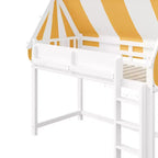 Letto a soppalco singolo Whisen e struttura letto con baldacchino, libreria e ringhiera a tutta lunghezza