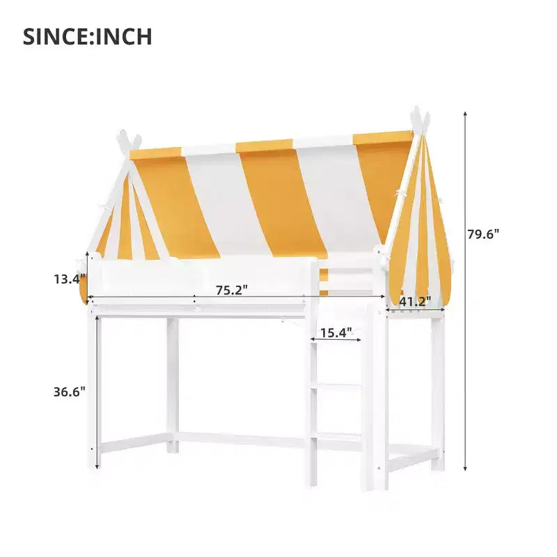 Letto a soppalco singolo Whisen e struttura letto con baldacchino, libreria e ringhiera a tutta lunghezza