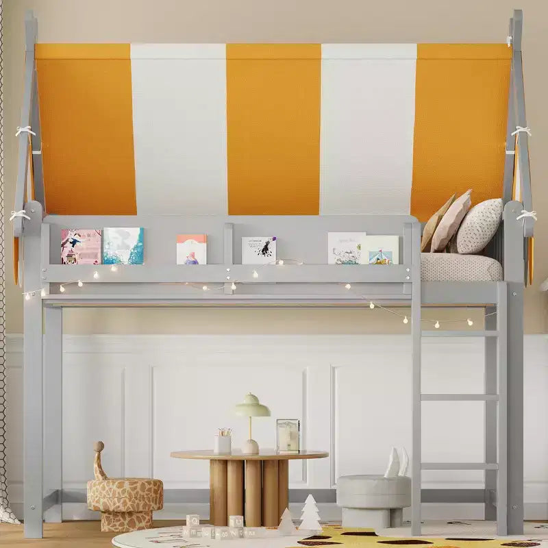 Letto a soppalco singolo Whisen e struttura letto con baldacchino, libreria e ringhiera a tutta lunghezza