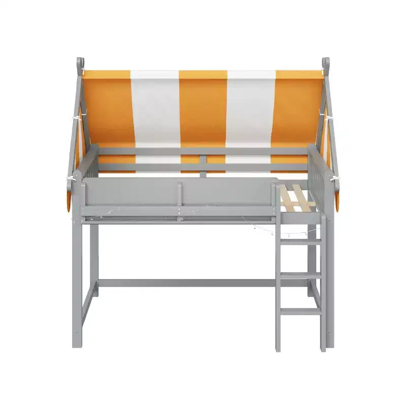 Letto a soppalco singolo Whisen e struttura letto con baldacchino, libreria e ringhiera a tutta lunghezza