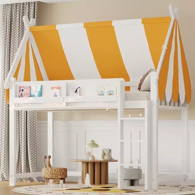Letto a soppalco singolo Whisen e struttura letto con baldacchino, libreria e ringhiera a tutta lunghezza