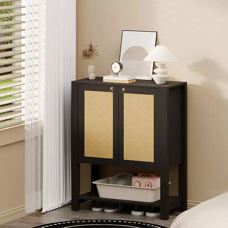 Scarpiera in Rattan per Ingresso, Mobile Organizer Rustico a 5 Ripiani Scarpiera Stretta con 2 Ante e Ripiano Aperto per Corridoio Soggiorno