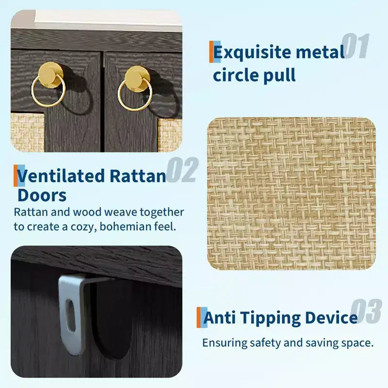 Scarpiera in Rattan per Ingresso, Mobile Organizer Rustico a 5 Ripiani Scarpiera Stretta con 2 Ante e Ripiano Aperto per Corridoio Soggiorno