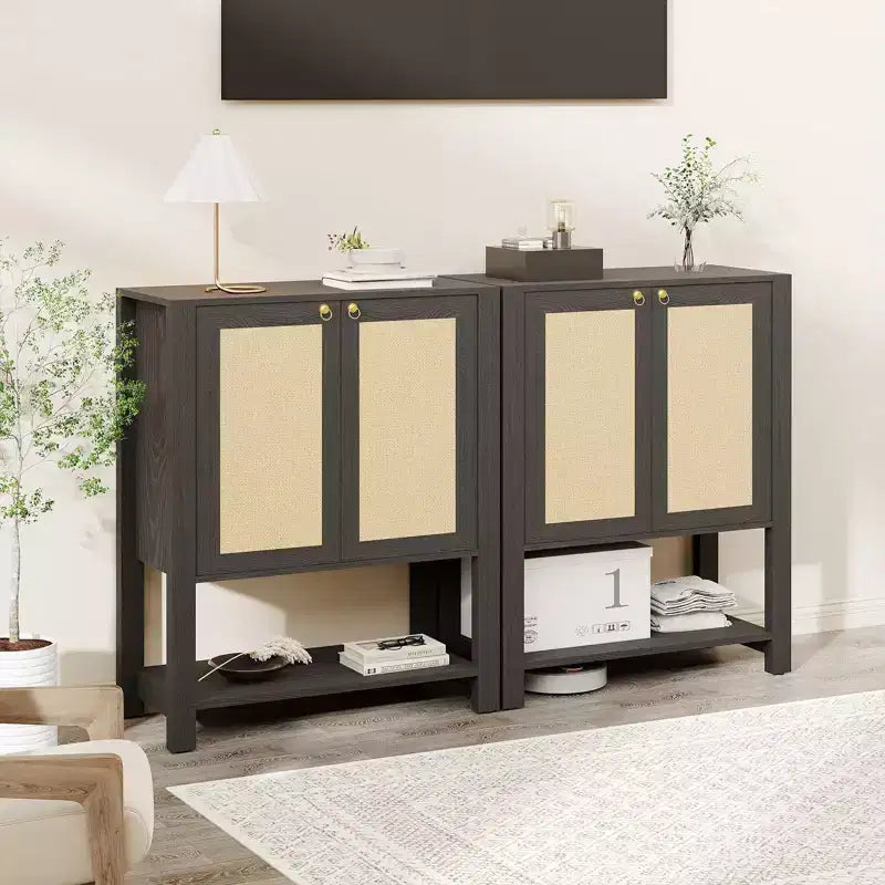 Scarpiera in Rattan per Ingresso, Mobile Organizer Rustico a 5 Ripiani Scarpiera Stretta con 2 Ante e Ripiano Aperto per Corridoio Soggiorno