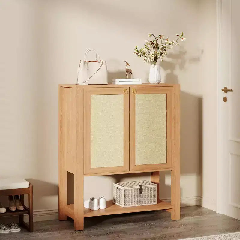 Scarpiera in Rattan per Ingresso, Mobile Organizer Rustico a 5 Ripiani Scarpiera Stretta con 2 Ante e Ripiano Aperto per Corridoio Soggiorno