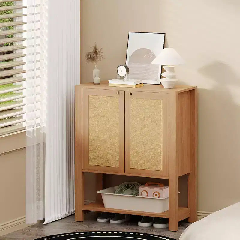 Scarpiera in Rattan per Ingresso, Mobile Organizer Rustico a 5 Ripiani Scarpiera Stretta con 2 Ante e Ripiano Aperto per Corridoio Soggiorno