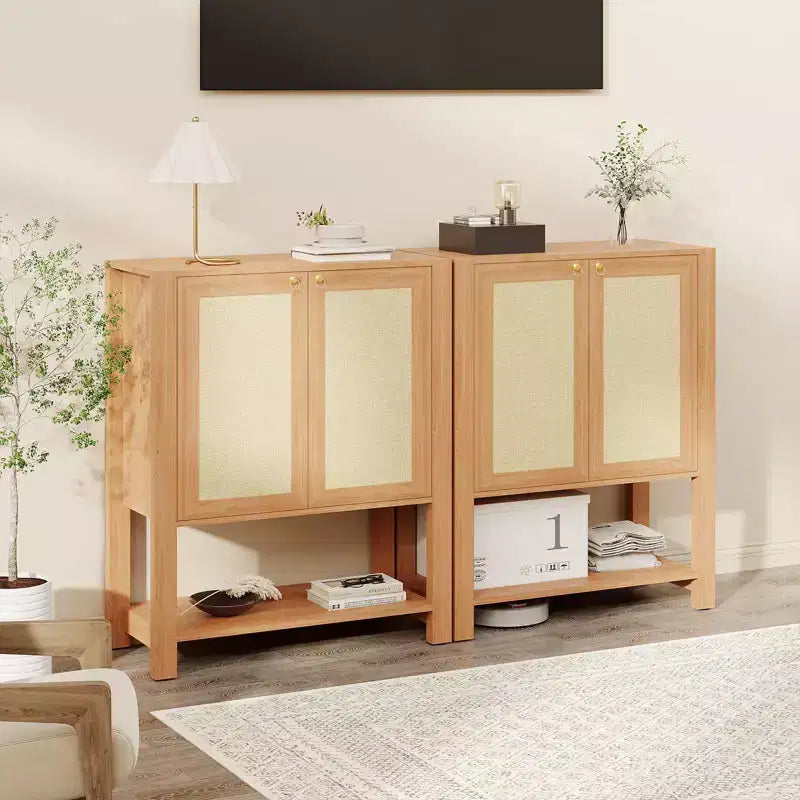 Scarpiera in Rattan per Ingresso, Mobile Organizer Rustico a 5 Ripiani Scarpiera Stretta con 2 Ante e Ripiano Aperto per Corridoio Soggiorno