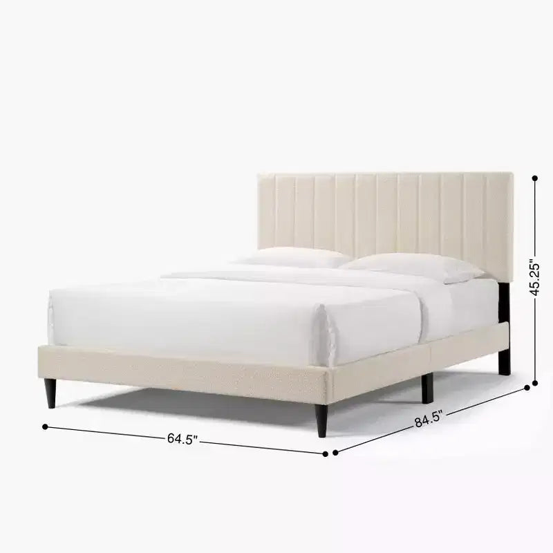 Letto matrimoniale alla francese con struttura in velluto, testiera ad alette con motivo verticale trapuntato, senza bisogno di rete, facile da montare, bianco