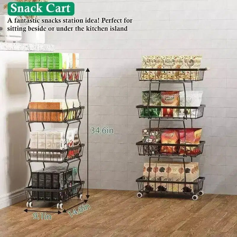 Cesto di frutta a 4 ripiani, carrello da cucina con ruote per riporre frutta, patate, cipolle, snack, verdure, pane, prodotti freschi