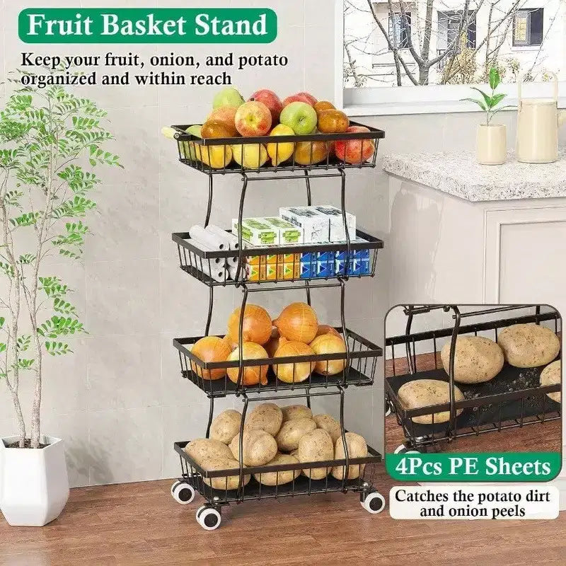 Cesto di frutta a 4 ripiani, carrello da cucina con ruote per riporre frutta, patate, cipolle, snack, verdure, pane, prodotti freschi