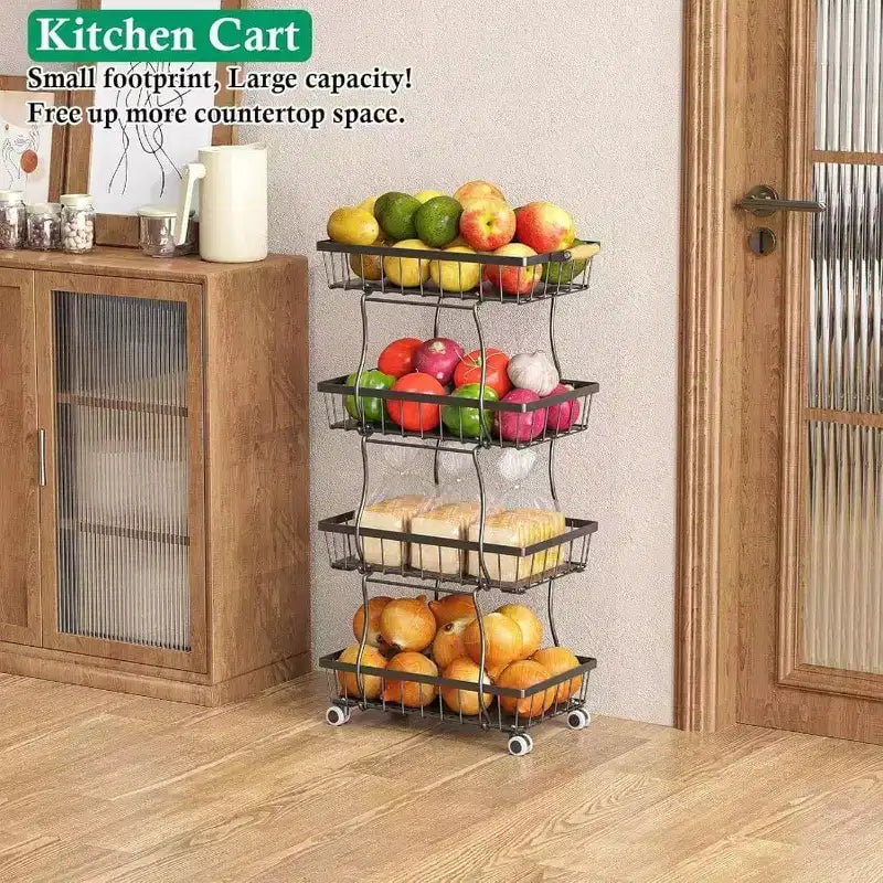 Cesto di frutta a 4 ripiani, carrello da cucina con ruote per riporre frutta, patate, cipolle, snack, verdure, pane, prodotti freschi