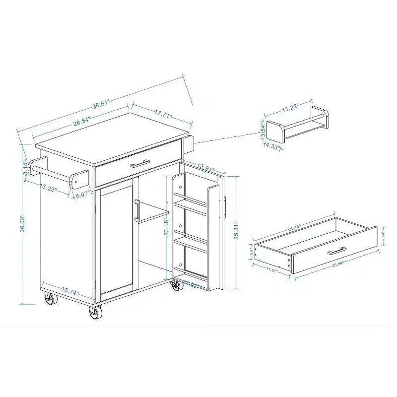 MAYEERTY Carrello da cucina bianco su ruote, con piano in legno di caucciù, 1 cassetto, 2 ante, ripiani regolabili