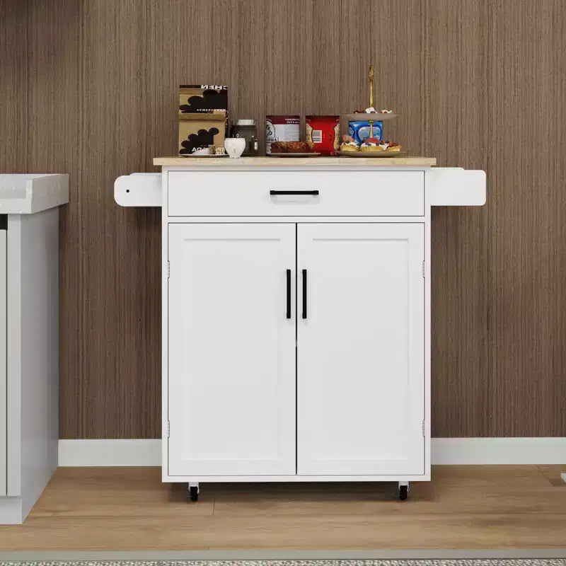 MAYEERTY Carrello da cucina bianco su ruote, con piano in legno di caucciù, 1 cassetto, 2 ante, ripiani regolabili