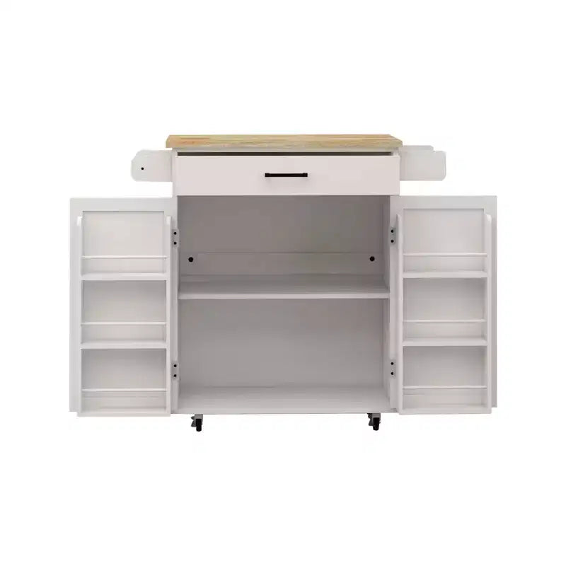 MAYEERTY Carrello da cucina bianco su ruote, con piano in legno di caucciù, 1 cassetto, 2 ante, ripiani regolabili
