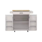 MAYEERTY Carrello da cucina bianco su ruote, con piano in legno di caucciù, 1 cassetto, 2 ante, ripiani regolabili