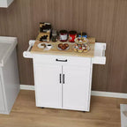 MAYEERTY Carrello da cucina bianco su ruote, con piano in legno di caucciù, 1 cassetto, 2 ante, ripiani regolabili