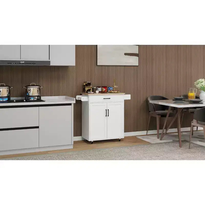 MAYEERTY Carrello da cucina bianco su ruote, con piano in legno di caucciù, 1 cassetto, 2 ante, ripiani regolabili