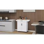 MAYEERTY Carrello da cucina bianco su ruote, con piano in legno di caucciù, 1 cassetto, 2 ante, ripiani regolabili
