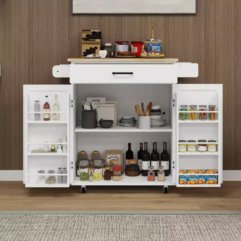 MAYEERTY Carrello da cucina bianco su ruote, con piano in legno di caucciù, 1 cassetto, 2 ante, ripiani regolabili