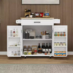 MAYEERTY Carrello da cucina bianco su ruote, con piano in legno di caucciù, 1 cassetto, 2 ante, ripiani regolabili