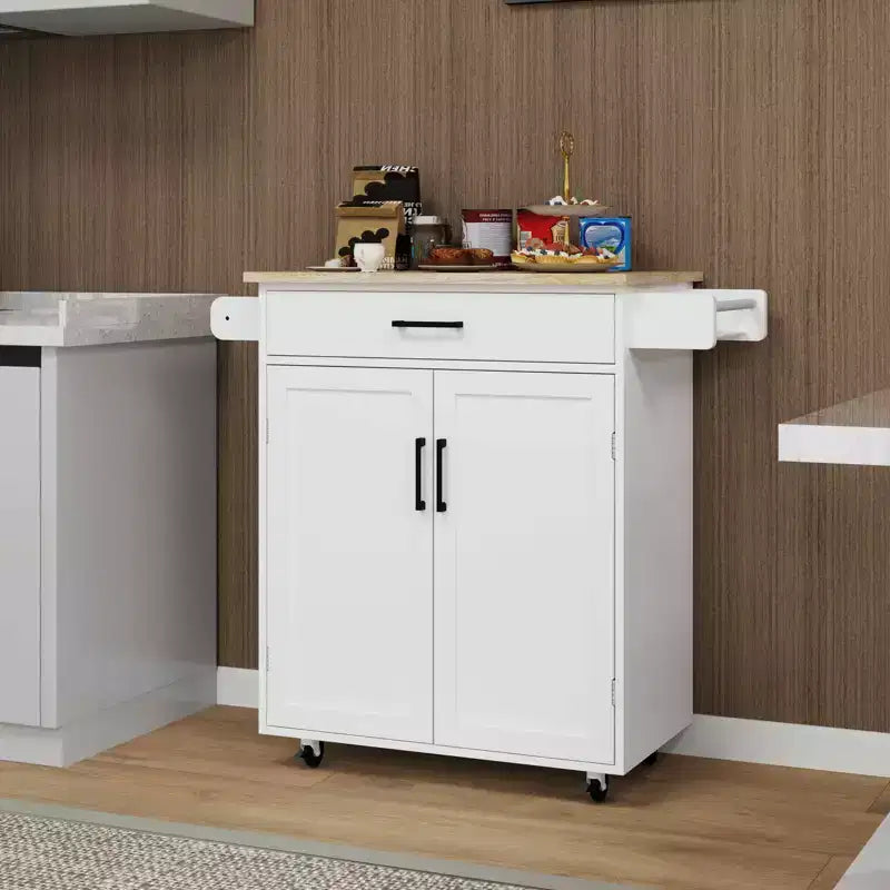 MAYEERTY Carrello da cucina bianco su ruote, con piano in legno di caucciù, 1 cassetto, 2 ante, ripiani regolabili