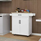 MAYEERTY Carrello da cucina bianco su ruote, con piano in legno di caucciù, 1 cassetto, 2 ante, ripiani regolabili