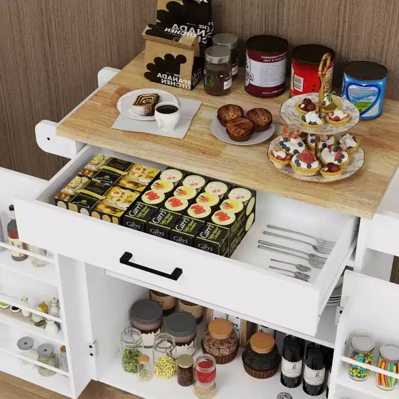 MAYEERTY Carrello da cucina bianco su ruote, con piano in legno di caucciù, 1 cassetto, 2 ante, ripiani regolabili