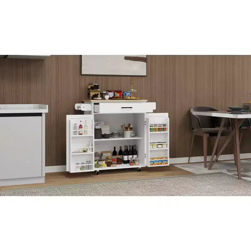 MAYEERTY Carrello da cucina bianco su ruote, con piano in legno di caucciù, 1 cassetto, 2 ante, ripiani regolabili