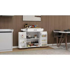 MAYEERTY Carrello da cucina bianco su ruote, con piano in legno di caucciù, 1 cassetto, 2 ante, ripiani regolabili