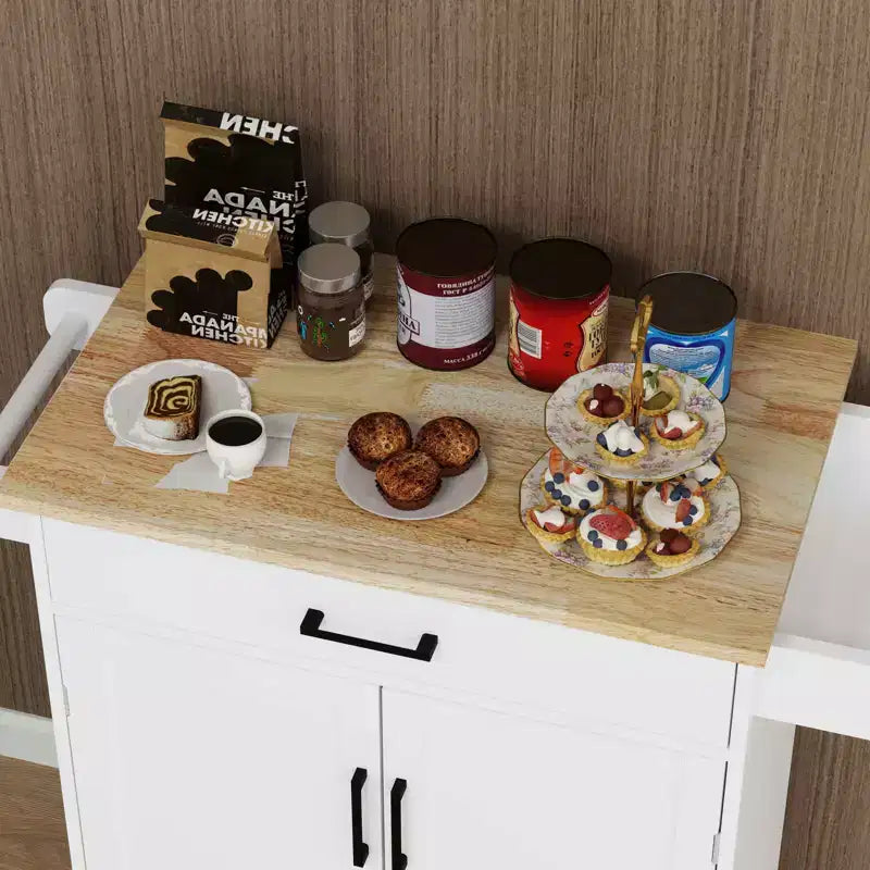 MAYEERTY Carrello da cucina bianco su ruote, con piano in legno di caucciù, 1 cassetto, 2 ante, ripiani regolabili