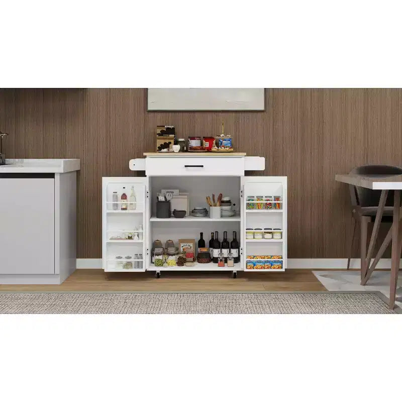 MAYEERTY Carrello da cucina bianco su ruote, con piano in legno di caucciù, 1 cassetto, 2 ante, ripiani regolabili