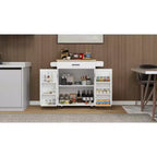 MAYEERTY Carrello da cucina bianco su ruote, con piano in legno di caucciù, 1 cassetto, 2 ante, ripiani regolabili
