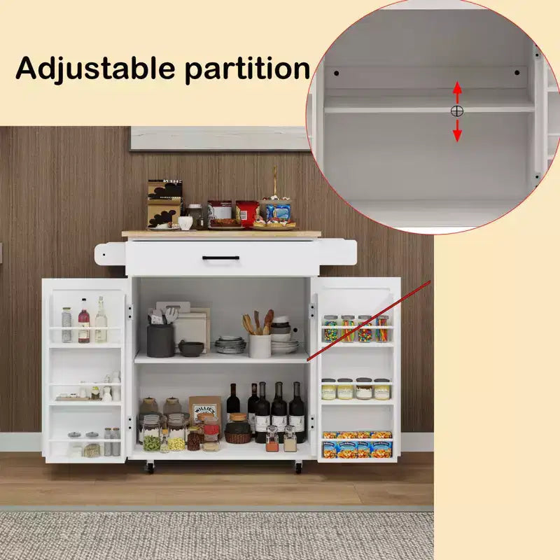MAYEERTY Carrello da cucina bianco su ruote, con piano in legno di caucciù, 1 cassetto, 2 ante, ripiani regolabili