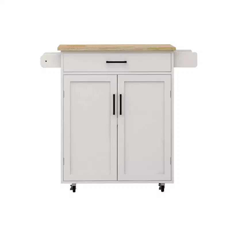 MAYEERTY Carrello da cucina bianco su ruote, con piano in legno di caucciù, 1 cassetto, 2 ante, ripiani regolabili