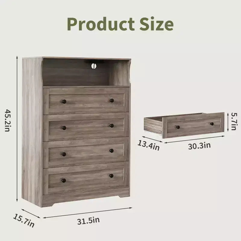 Comò sottile moderno a 4 cassetti con porte USB, armadietto in legno per camera da letto e ripostiglio, cassettiera salvaspazio