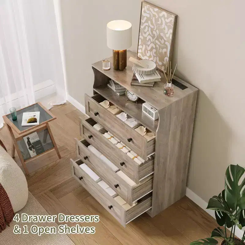Comò sottile moderno a 4 cassetti con porte USB, armadietto in legno per camera da letto e ripostiglio, cassettiera salvaspazio