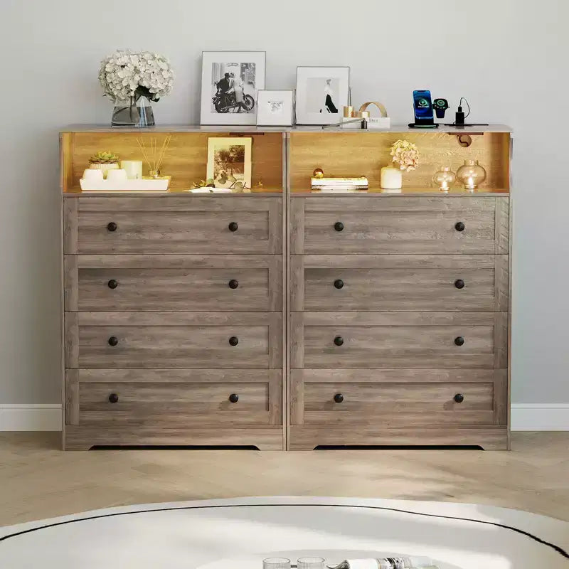 Comò sottile moderno a 4 cassetti con porte USB, armadietto in legno per camera da letto e ripostiglio, cassettiera salvaspazio
