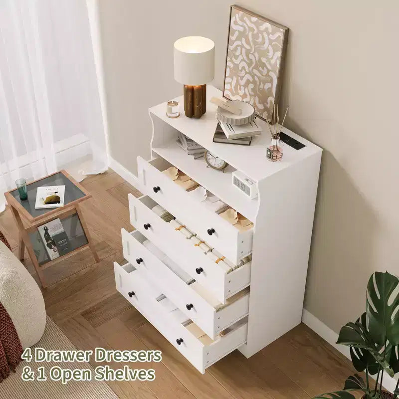 Comò sottile moderno a 4 cassetti con porte USB, armadietto in legno per camera da letto e ripostiglio, cassettiera salvaspazio