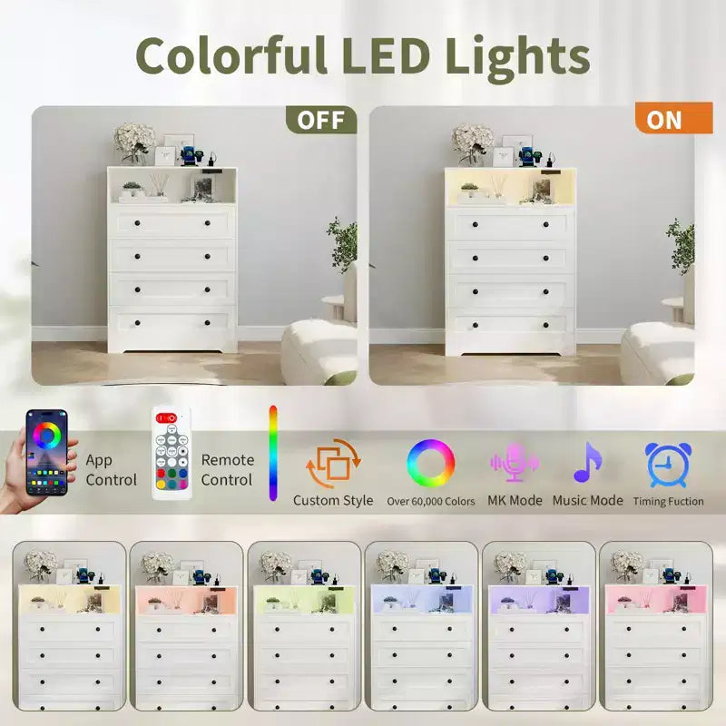 Comò sottile moderno a 4 cassetti con porte USB, armadietto in legno per camera da letto e ripostiglio, cassettiera salvaspazio