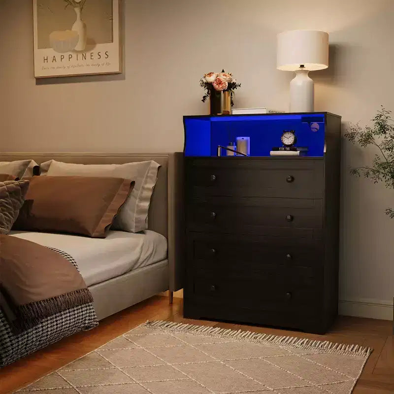 Comò sottile moderno a 4 cassetti con porte USB, armadietto in legno per camera da letto e ripostiglio, cassettiera salvaspazio
