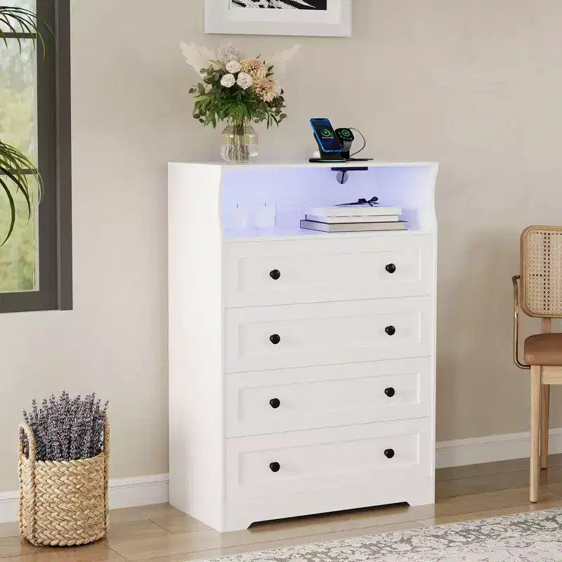Comò sottile moderno a 4 cassetti con porte USB, armadietto in legno per camera da letto e ripostiglio, cassettiera salvaspazio