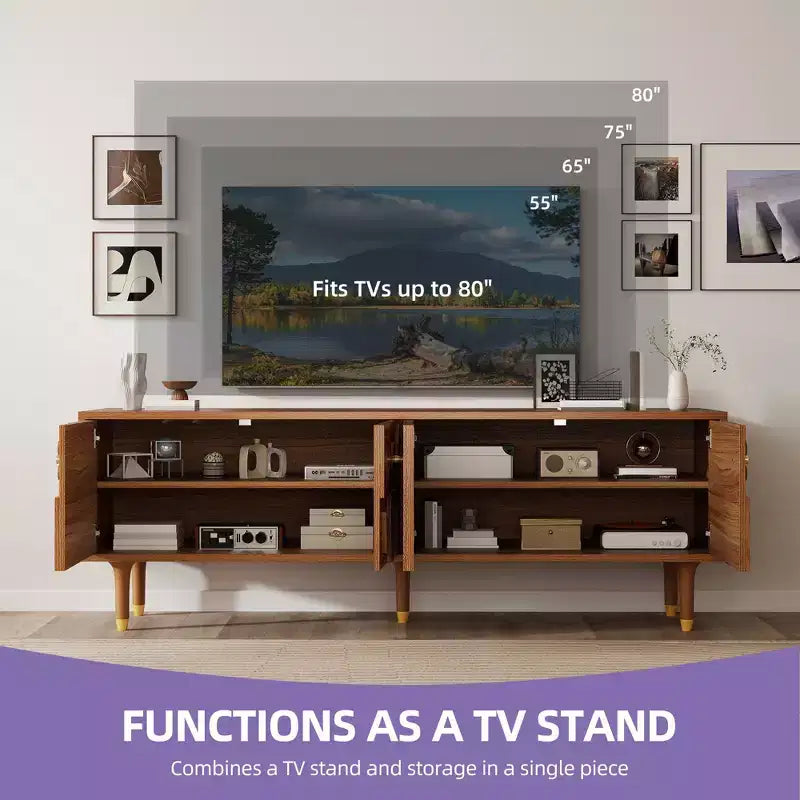 Mobile TV Mid-Century per TV fino a 80 pollici, Console multimediale moderna con 4 ante intagliate, Centro di intrattenimento da 70 pollici con contenitore per soggiorno