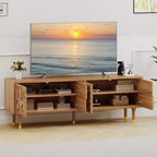 Mobile TV Mid-Century per TV fino a 80 pollici, Console multimediale moderna con 4 ante intagliate, Centro di intrattenimento da 70 pollici con contenitore per soggiorno
