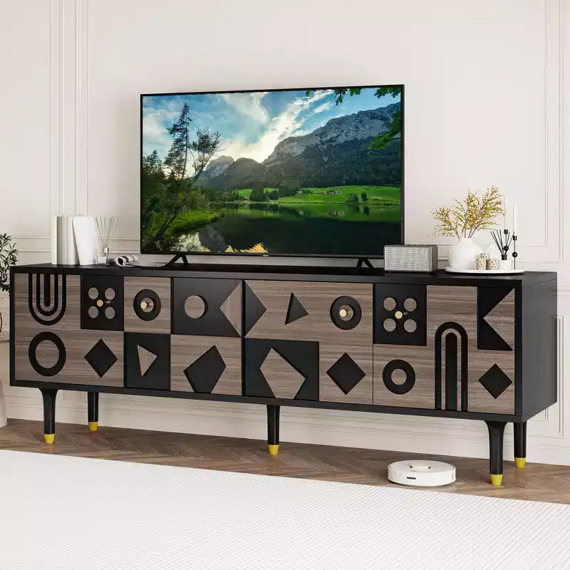 Mid-Century TV Stand for up to 80 Inch TV, Modern Media Console with 4 Carved Doors, 70 Entertainment Center With Storage For Living Room