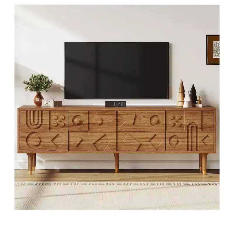 Mobile TV Mid-Century per TV fino a 80 pollici, Console multimediale moderna con 4 ante intagliate, Centro di intrattenimento da 70 pollici con contenitore per soggiorno