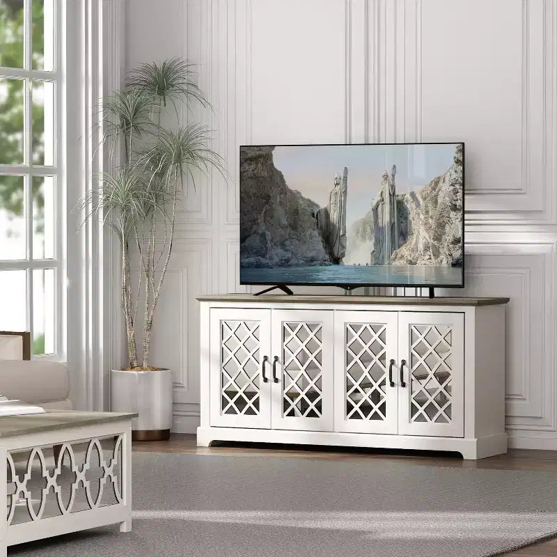 Mobile porta TV Galano con specchio, 4 ante e vano portaoggetti a scomparsa 59,6 L 15,7 P 29,3 H