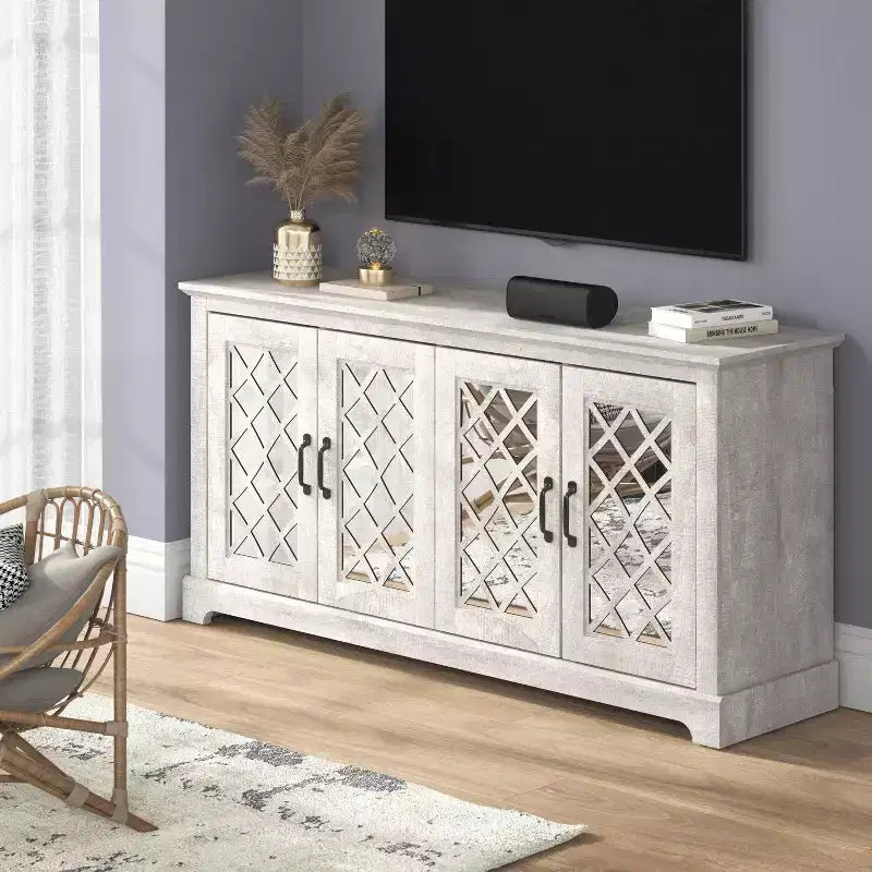 Mobile porta TV Galano con specchio, 4 ante e vano portaoggetti a scomparsa 59,6 L 15,7 P 29,3 H