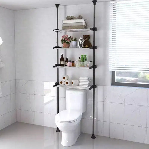 4 Tiers Over Toilet Storage Black Bathroom Organizer Adjustable Tension Pole Shelves for Showers 97 to 116 Inches