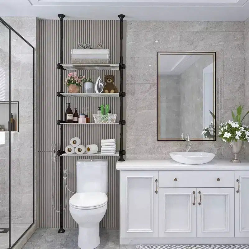 Ripiano da bagno nero a 4 livelli sopra il water, organizer da bagno, mensole regolabili con asta telescopica per docce da 246 a 295 cm