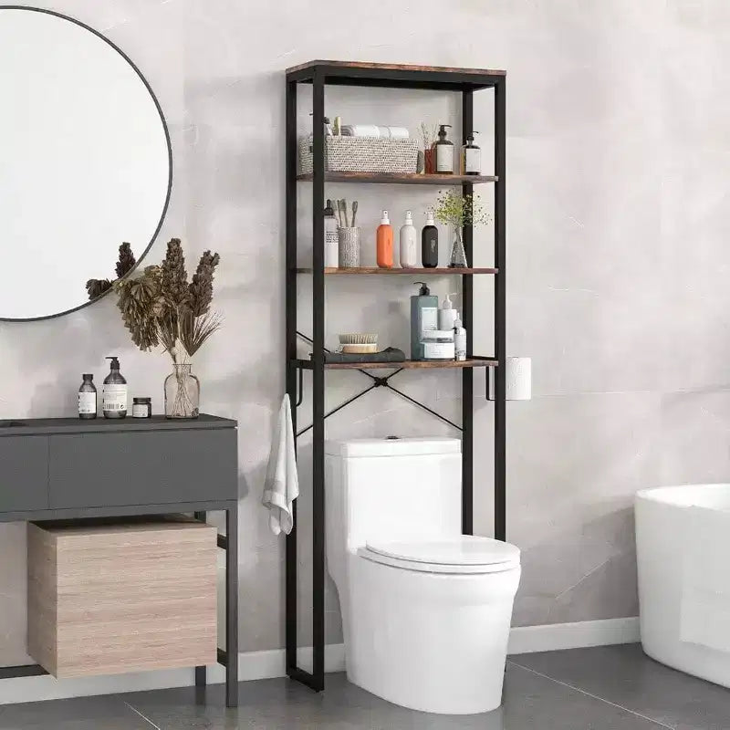 Scaffale da bagno sopra il WC a 4 ripiani, organizer industriale con porta carta igienica e gancio, multifunzionale autoportante